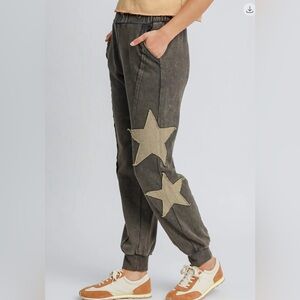 160. Lucky Star, mineral washed star patch joggers, charcoal, various sizes